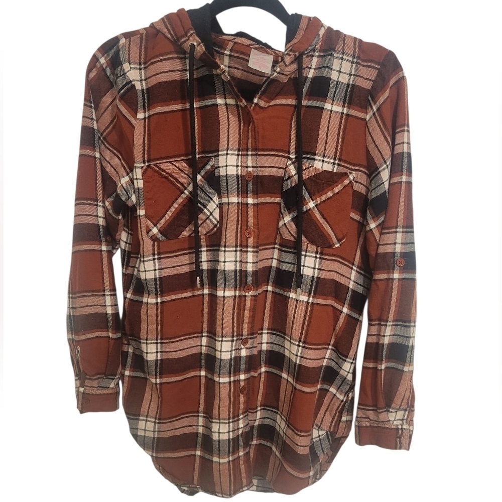 No Boundaries Rust and Black Plaid Shirt with Hood